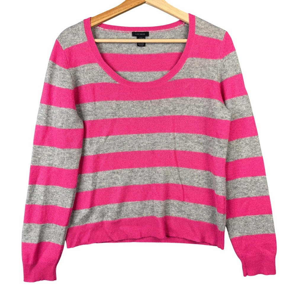 Only Mine 100% Cashmere Sweater‎ Large Pink Gray Striped Scoop Neck 2-Ply Knit